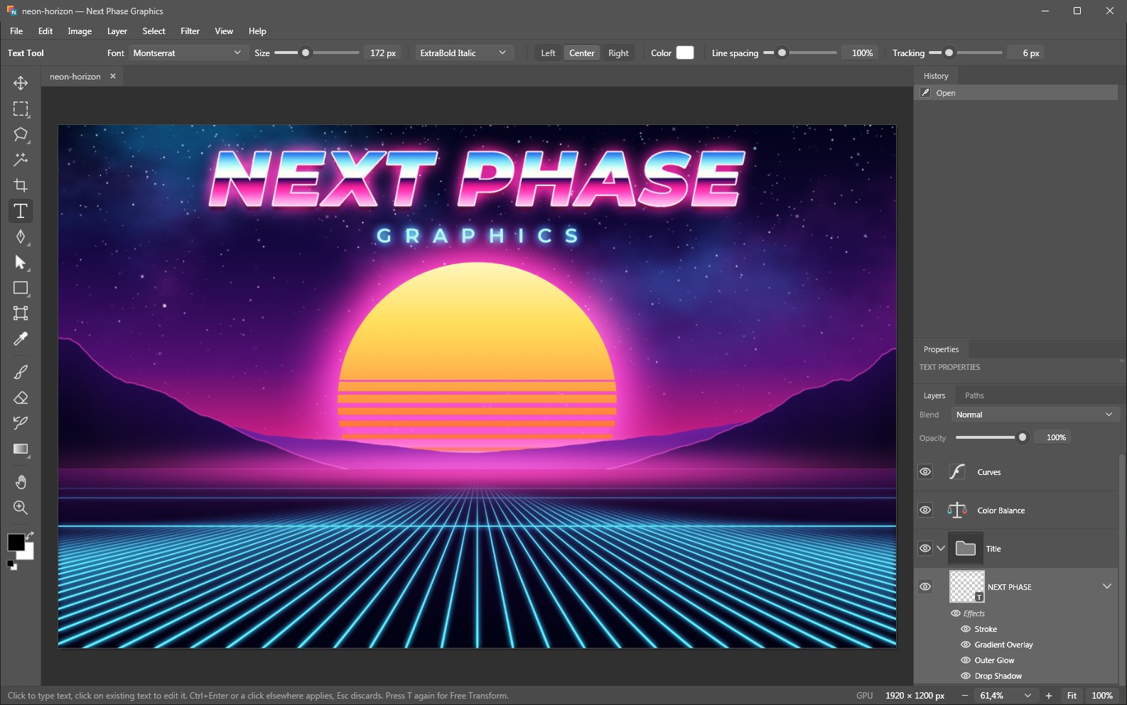Next Phase Graphics editing a synthwave poster: chrome title text with layer effects, a vector sun, a neon grid, and curves and color balance adjustment layers