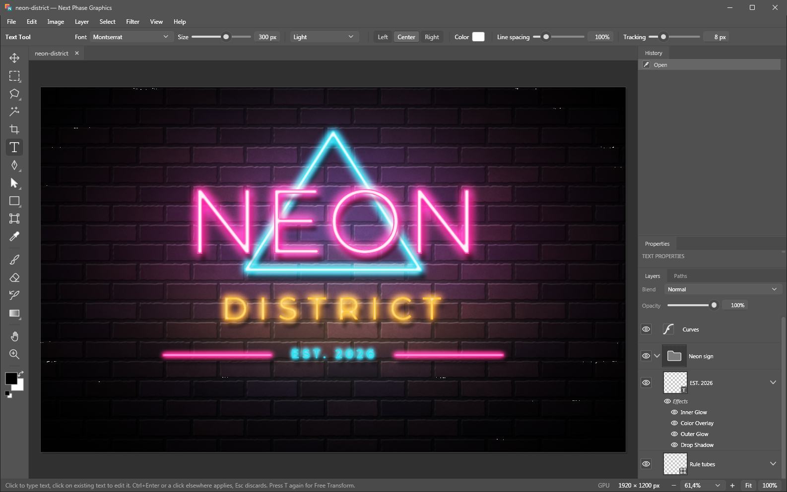 A neon sign on a brick wall: pink NEON letters, a cyan triangle and amber DISTRICT lettering, all text and shape layers with glow effects
