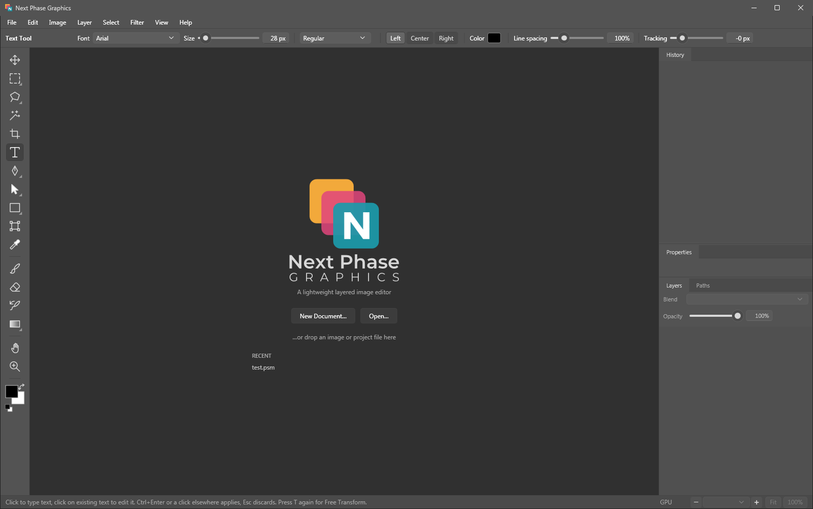 The welcome screen with the Next Phase Graphics logo, New Document and Open buttons